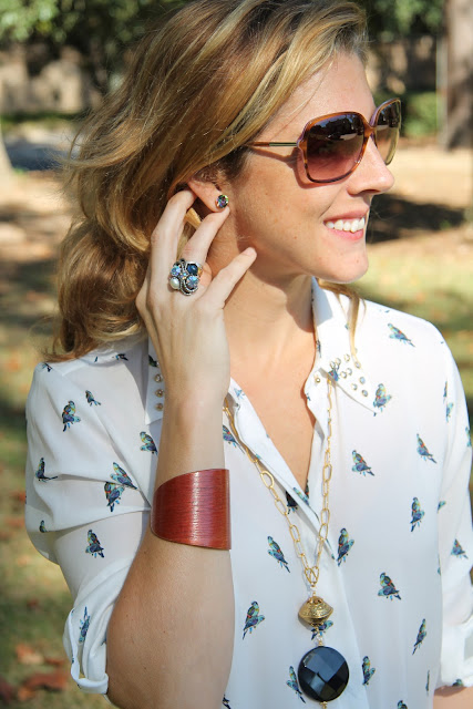 Zara Bird Shirt, Pants, and Belt, Cole Haan Shoes from Constance Consignment, JJ Winters from Lipp Boutique, Necklace from Scout & Molly's, Blinde Sunglasses, the Green Boundary Club, Aiken, SC, the Queen City Style