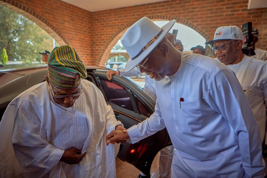 Former President, Olusegun Obasanjo, visit APC Ondo State Gubernatorial candidate, Governor Lucky Aiyedatiwa, at Government House, Akure