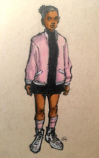 Woman standing in pink university bomber jacker and black.