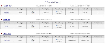 Web Hosting Search Result List