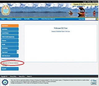 j&K domicile certificate portal welcome selection of department