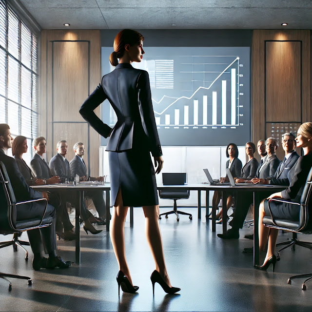 A realistic image of a woman standing up in a boardroom, confidently presenting her ideas to a group of executives. She is poised and articulate, gesturing toward a projection screen with a graph. The audience is paying close attention, and the atmosphere reflects professionalism and respect. The scene conveys confidence, leadership, and the courage to take charge in a corporate setting.