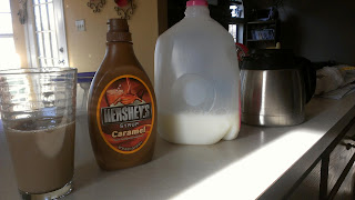 All of the ingredients:  cup, milk, Hershey's syrup, cold coffee