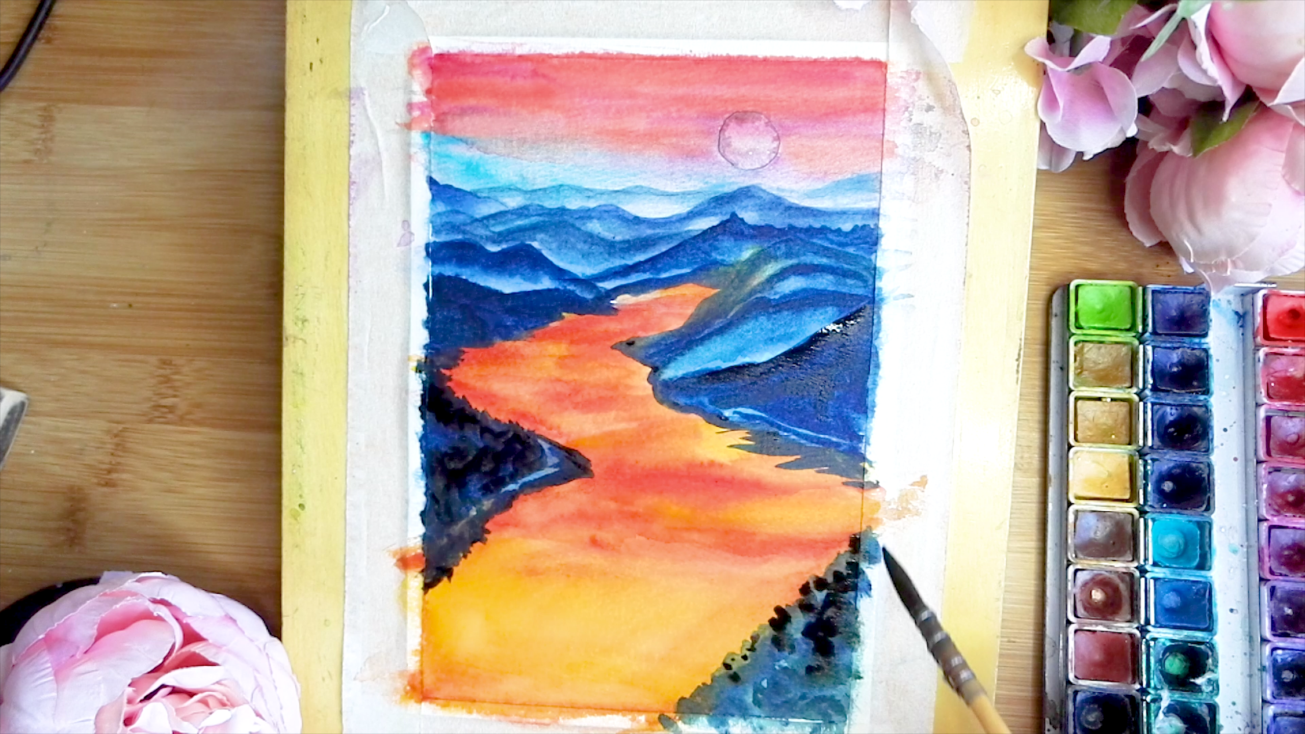 How to draw watercolor sunset river landscape tutorial