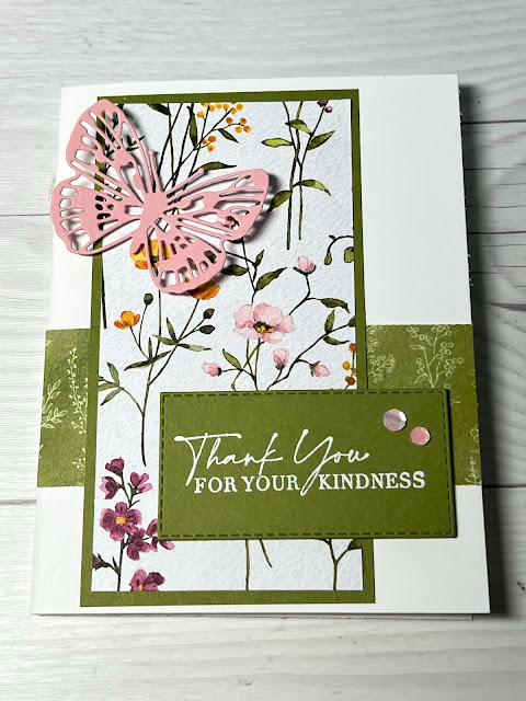 Floral and butterfly-themed greeting card using Dainty Flowers Designer Series Paper from Stampin' Up!