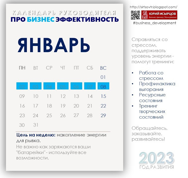 ЦЕЛЬ НА 1 НЕДЕЛЮ. КАЛЕНДАРЬ РУКОВОДИТЕЛЯ 2023. Сырцов Юрий, консультант, бизнес-тренер. Блог Про бизнес эффективность. https://sirtsovtr.blogspot.com/