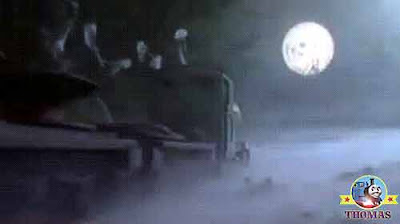 Full silver moon shining brightly through the nights foggy mist Peter Sam puffed along narrow track