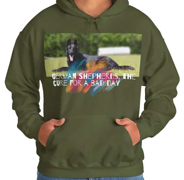 A Hoodie With Giant European Solid Black Male German Shepherd Lying On The Grass Leaving His Tongue Out and Caption The Cure for Bad Day
