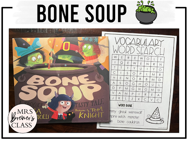 Bone Soup book activities unit with literacy companion printables, reading comprehension worksheets, lesson ideas, and a craft for Halloween in Kindergarten and First Grade