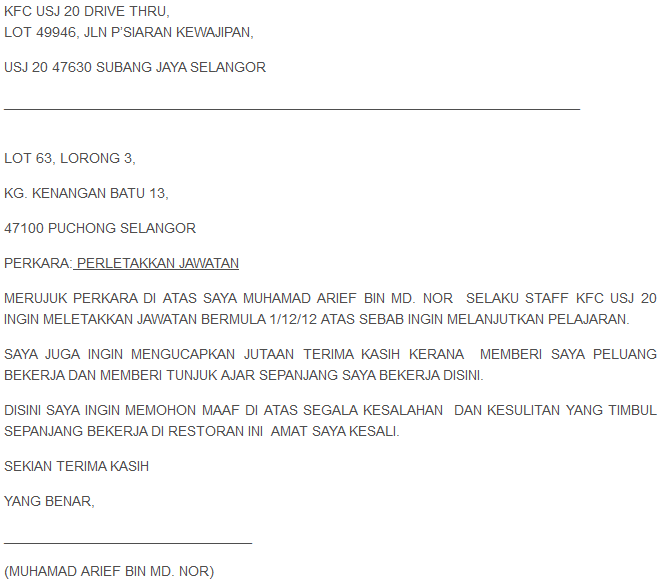 Sample of Surat Berhenti Kerja (Resignation Letter