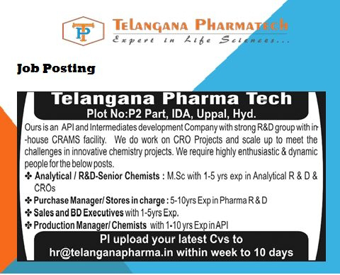 Job Availables, Telangana Pharmatech Job Opening For Production / Analytical R&D / R&D / Purchase / Stores / Sales & Business Development