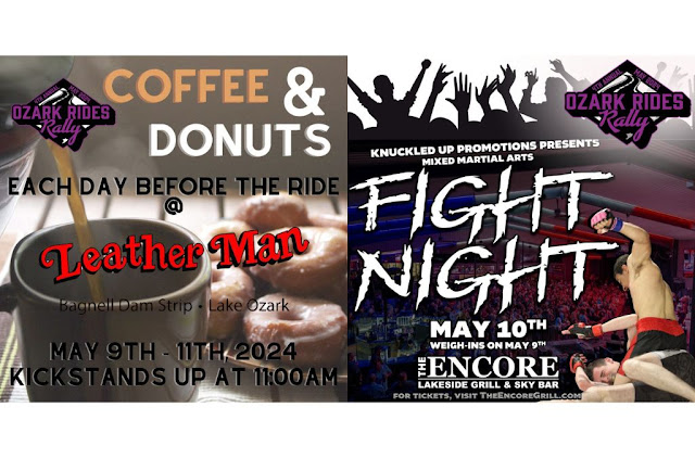 Ozark Rides Rally 2024 Lake of the Ozarks Fight Night & Coffee & Donuts fliers
