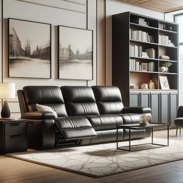 Create a cozy and elegant living room scene, featuring a luxurious black leather reclining sofa set, positioned on a contemporary rug with neutral tones