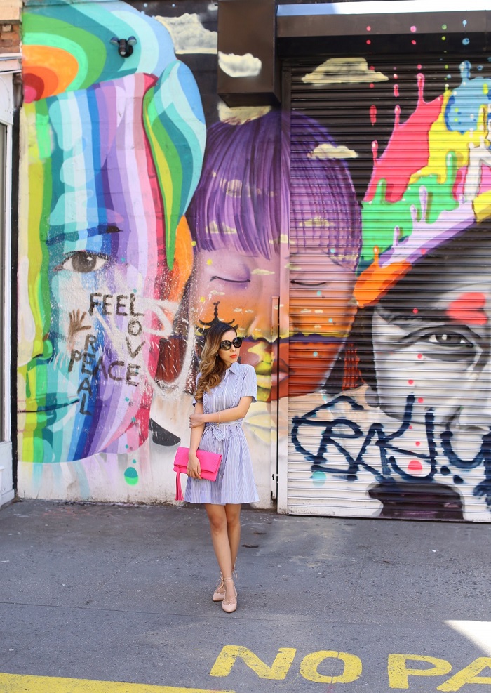 Kate spade stripe pleated shirt dress, gigi new york fold over clutch, lace up flats, prada sunglasses, moon and lola bracelet, street style, nyc street style, nyc street art, nyc blogger