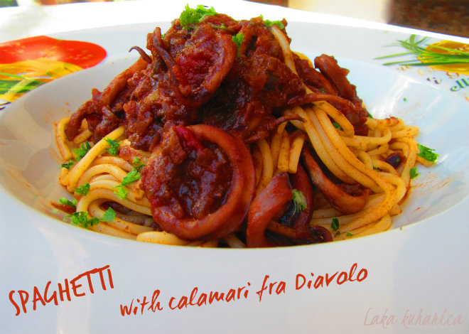 Spaghetti with calamari fra Diavolo by Laka kuharica: tender squid  smothered with a spicy tomato sauce.