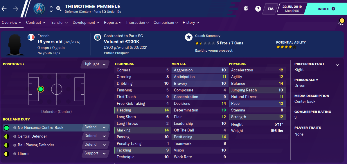 Thimothee Pembele: Starting Attributes in FM2020