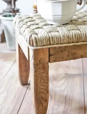 Wood footstool woven with twine