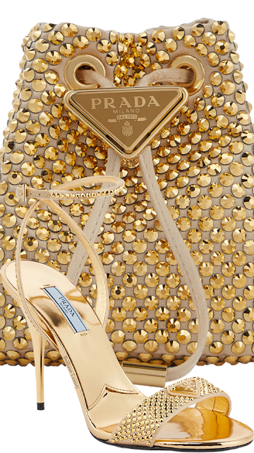♦Prada gold crystal-embellished satin sandals & crystal gold mini bucket bag #brilliantluxury