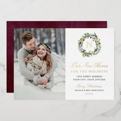 Our New Home Winter Greenery Gold Monogram Photo Foil Holiday Card