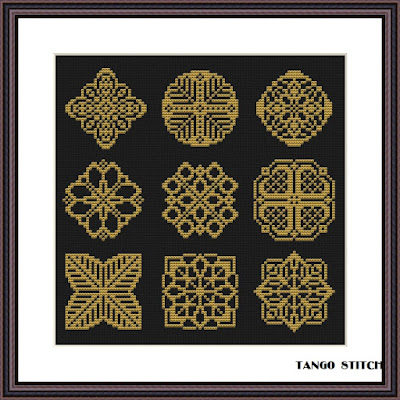 Gold cross stitch ornaments sampler hand embroidery design