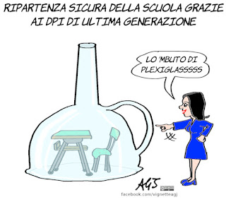 azzolina, scuola, dpi, protezioni individuali, imbuti, plexiglas, istruzione, vignetta, satira