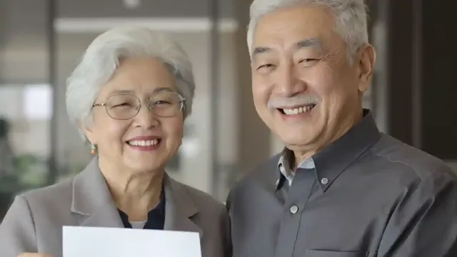 서류를 손에 들고 웃고  있는 노부부