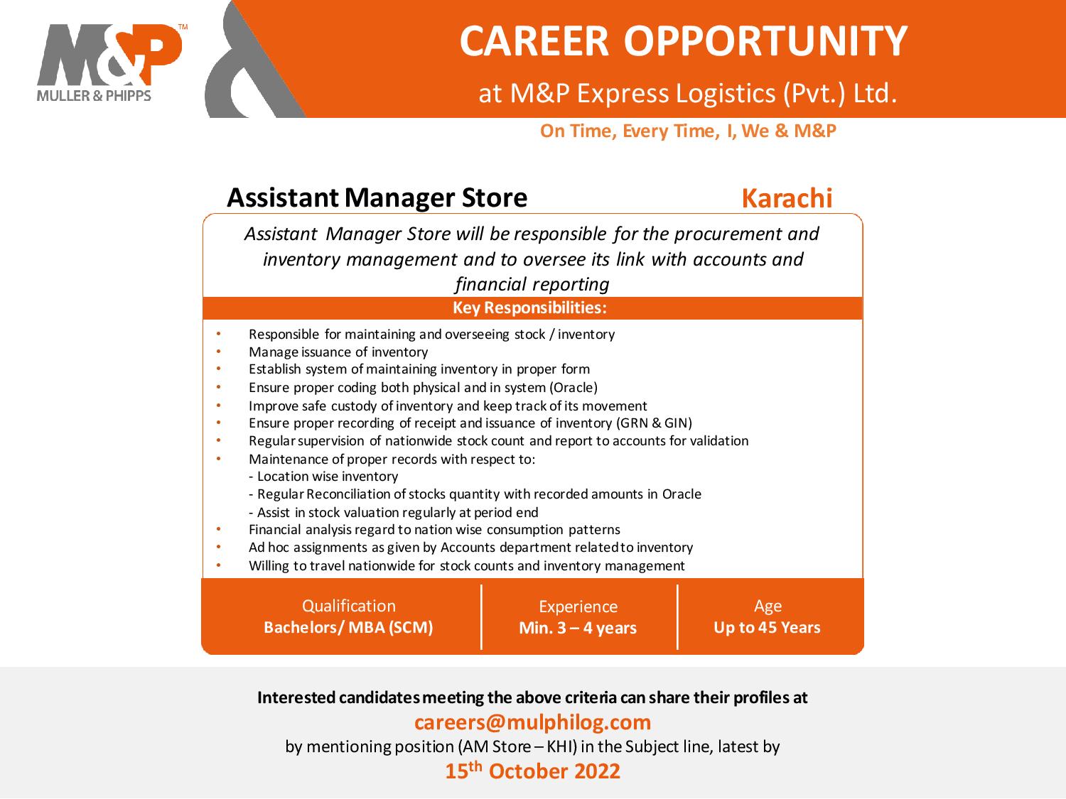 Assistant Manager Store opportunity at M&P Express Logistics