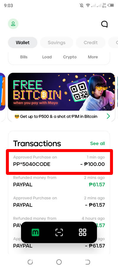 paypal code sent to paymaya account