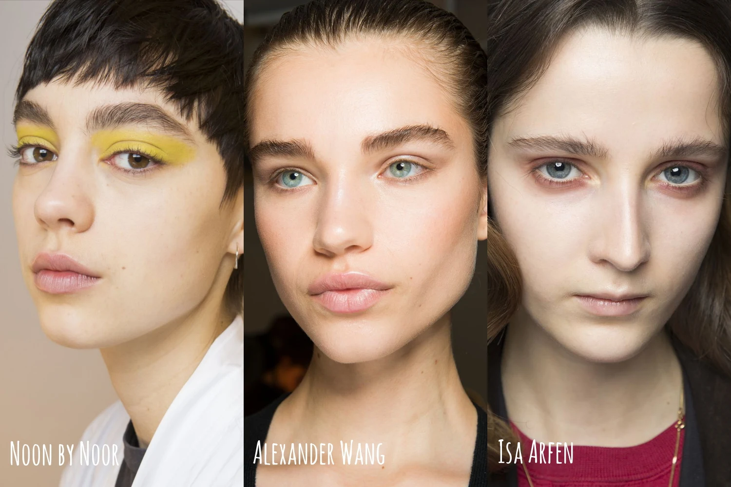 makeup collage with three runway makeup looks from noon by noor fashion shows