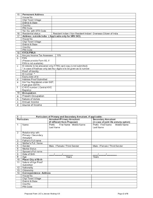 LIC Jeevan Akshay plan - LIC plan  -  Proposal Form No. 440 (Rev 2020) - LIC Jeevan Akshay VII proposal - LIC application form