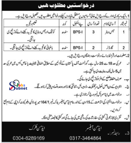 Mess Waiter Jobs Available At Government Organization 2024
