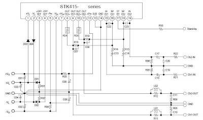 STK415-090-E bassed  2x50 watt stereo amplifier circuit and explanation