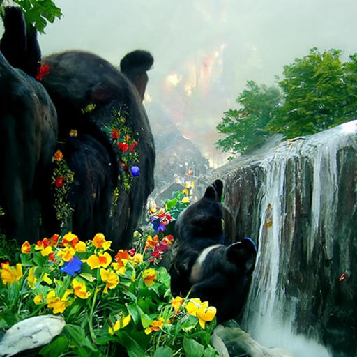 An AI-generated image of sun bears by a waterfall