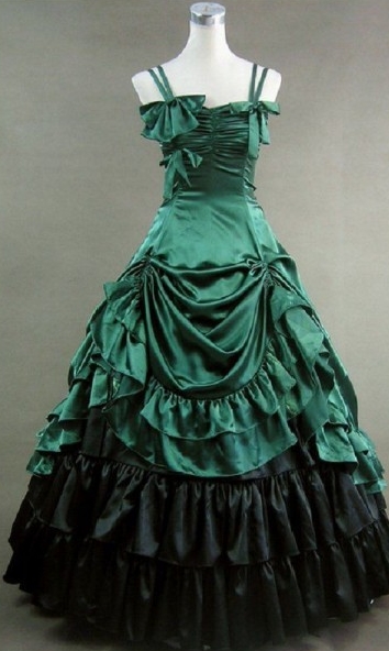 Green and Black Spaghetti Straps Bow and Ruffle Gothic Victorian Dress