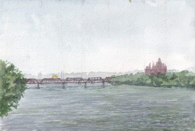Watercolor sketch of river with railroad bridge and power plant in middle distance, with hazy atmosphere.