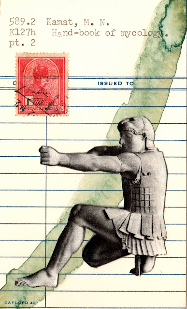 ancient archer sculpture vintage postage stamp library due date card collage art Justin Marquis