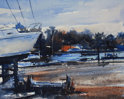 Watercolor painting of a boatyard on the Niagara River.