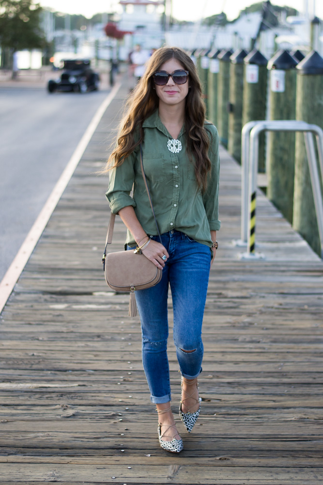 Olive green button down top