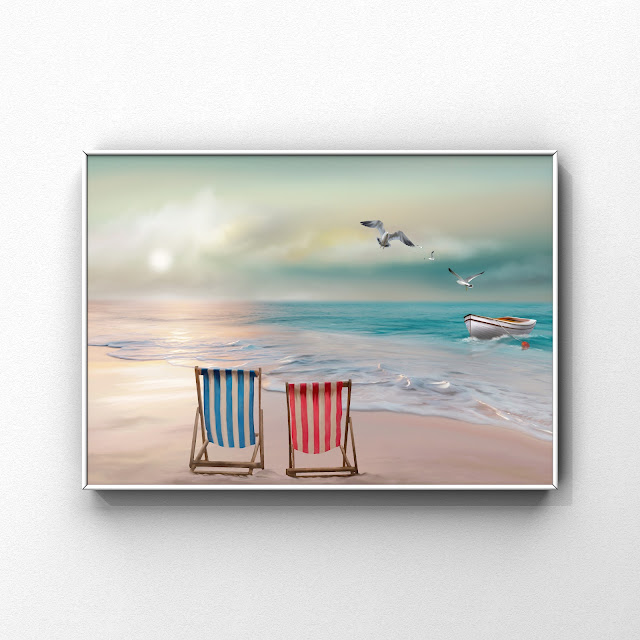 landscape art two deckchairs on a beach