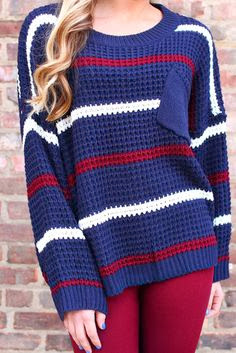 Blue Sweater With Red And White Strips