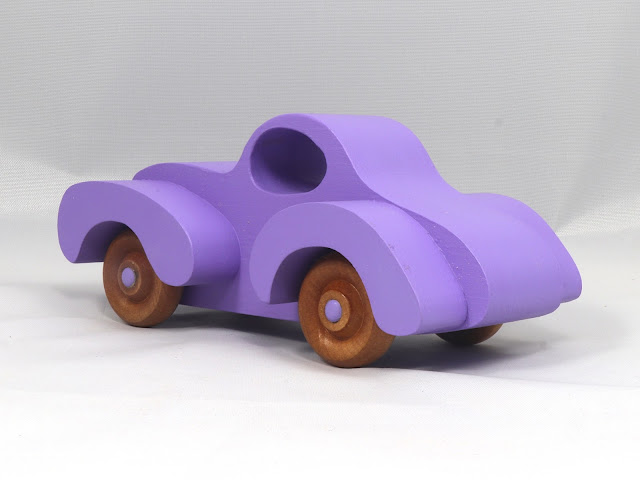 Wood Toy Car Handmade And Finished With Lavender Acrylic Paint and Amber Shellac Fat Fendered Freaky Ford Coupe