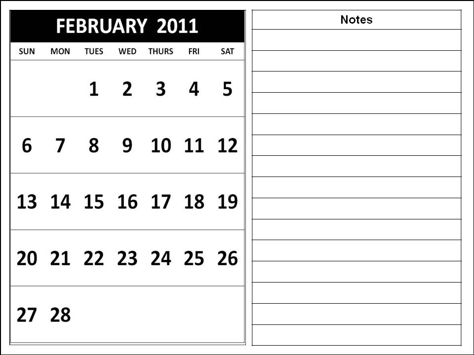 Preview of February 2011 printable calendar - Landscape layout: