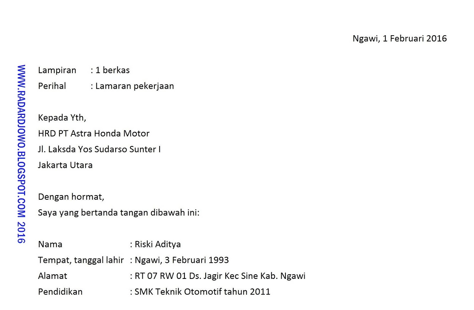 Contoh Penulisan Lamaran Kerja Terbaru 2018 - RADAR DJOWO