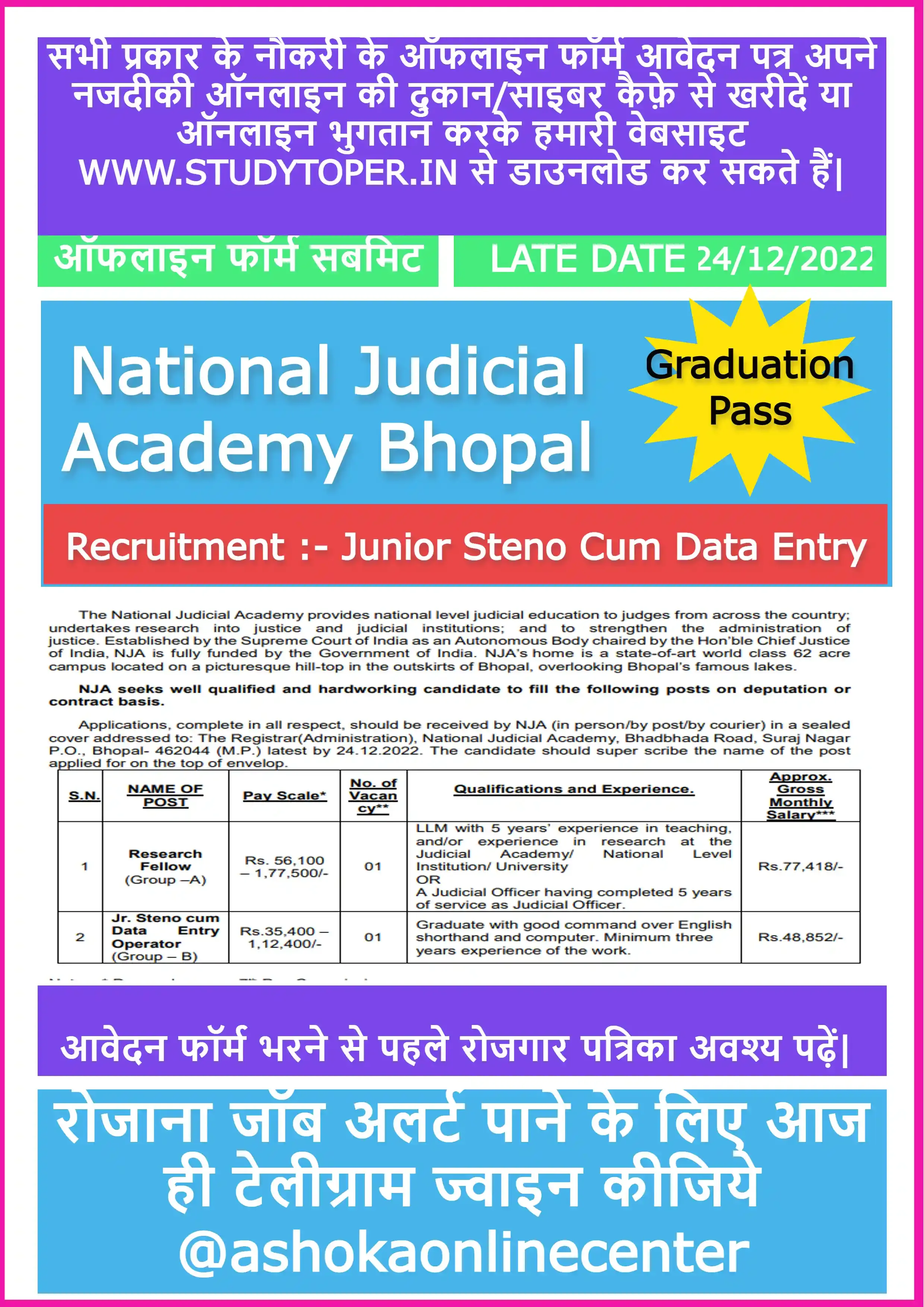 National Judicial Academy Bhopal Recruitment : Junior Steno Cum Data Entry