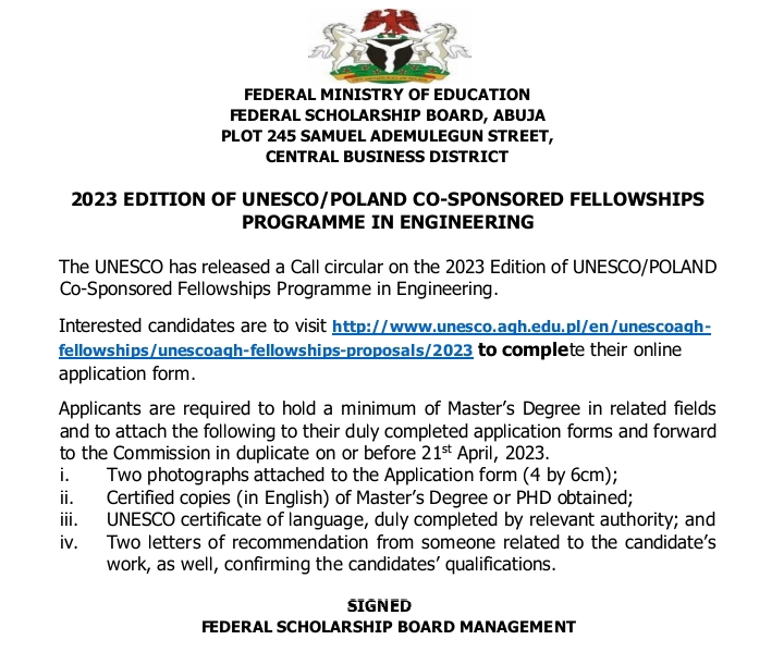 Federal Ministry of Education: 2023 Edition of UNESCO/POLAND Co-sponsored Fellowships Programme In Engineering