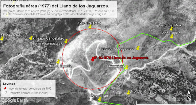 Composición realizada por el autor con la fotografía aérea del vuelo interministerial de 1973-1986), el límite del monte de Yunquera y  algunos topónimos de la zona. Fuente de la fotografía aérea: Centro Nacional de Información Geográfica.