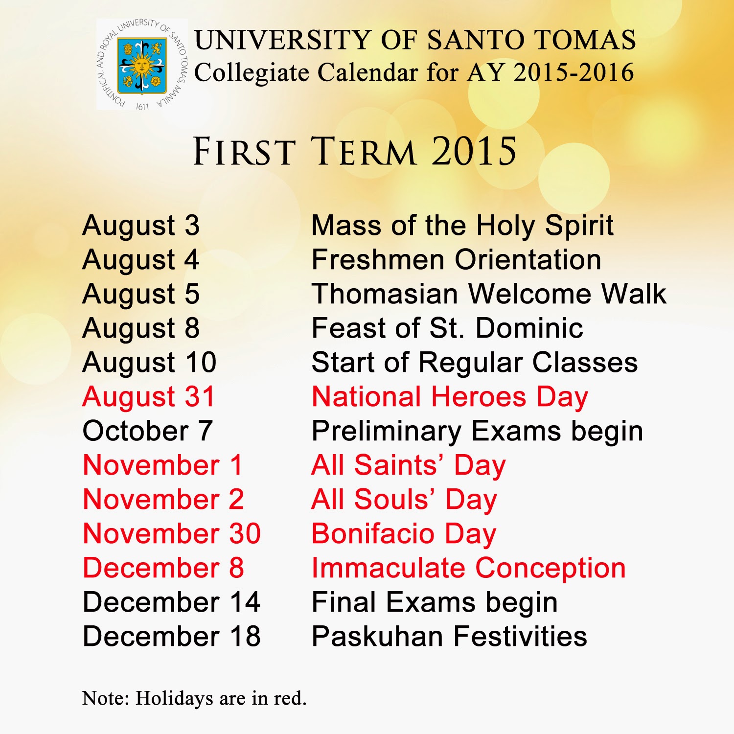 Collegiate Calendar for AY 2015-2016