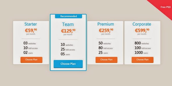 Pricing table, free PSD