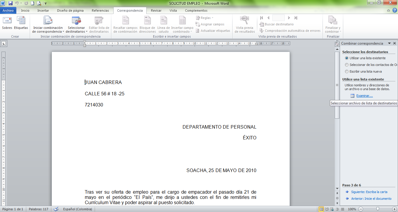 PORTAFOLIO DE EVIDENCIA: SOLICITUD DE EMPLEO