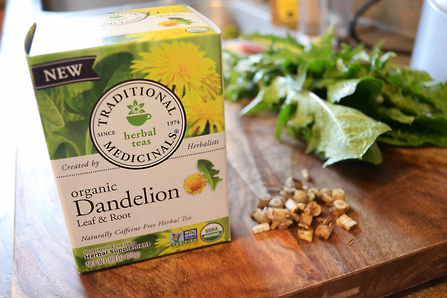 Traditional Medicinals Dandelion leaf and root tea.  Get the health benefits of dandelions from drinking a daily cup of dandelion tea.